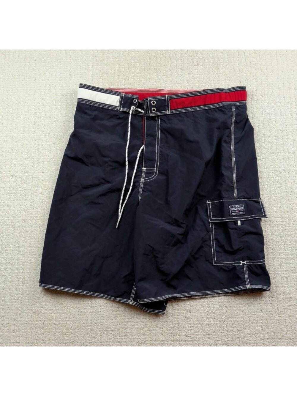 Y2K Tommy Hilfiger Mens Premium Swim Shorts Cargo Board Shorts Navy Blue Size L